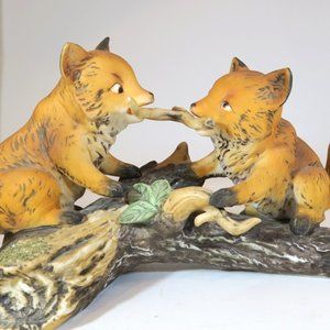 Homco 1981 Vintage Masterpiece Porcelain Foxes Playing on a Log Figurine